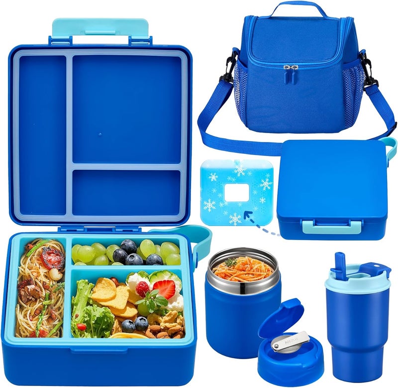 Howeemo Bento Lunch Box for Kids with 17oz Soup Thermo,Insulated Tumbler Water Bottle and Insulated Lunch Bag,Leak-Proof 3 Compartment Lunch Food Container with Ice Pack for Kids to School-Blue - Image 1